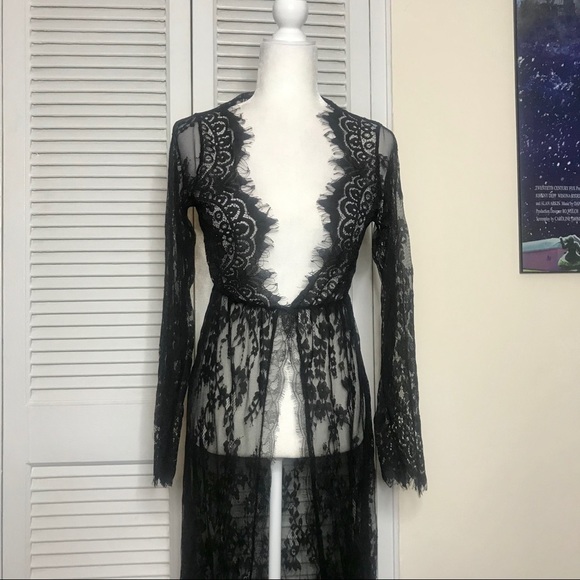 NWOT Black Long Sleeve Lace Lingerie Gown - Picture 3 of 6